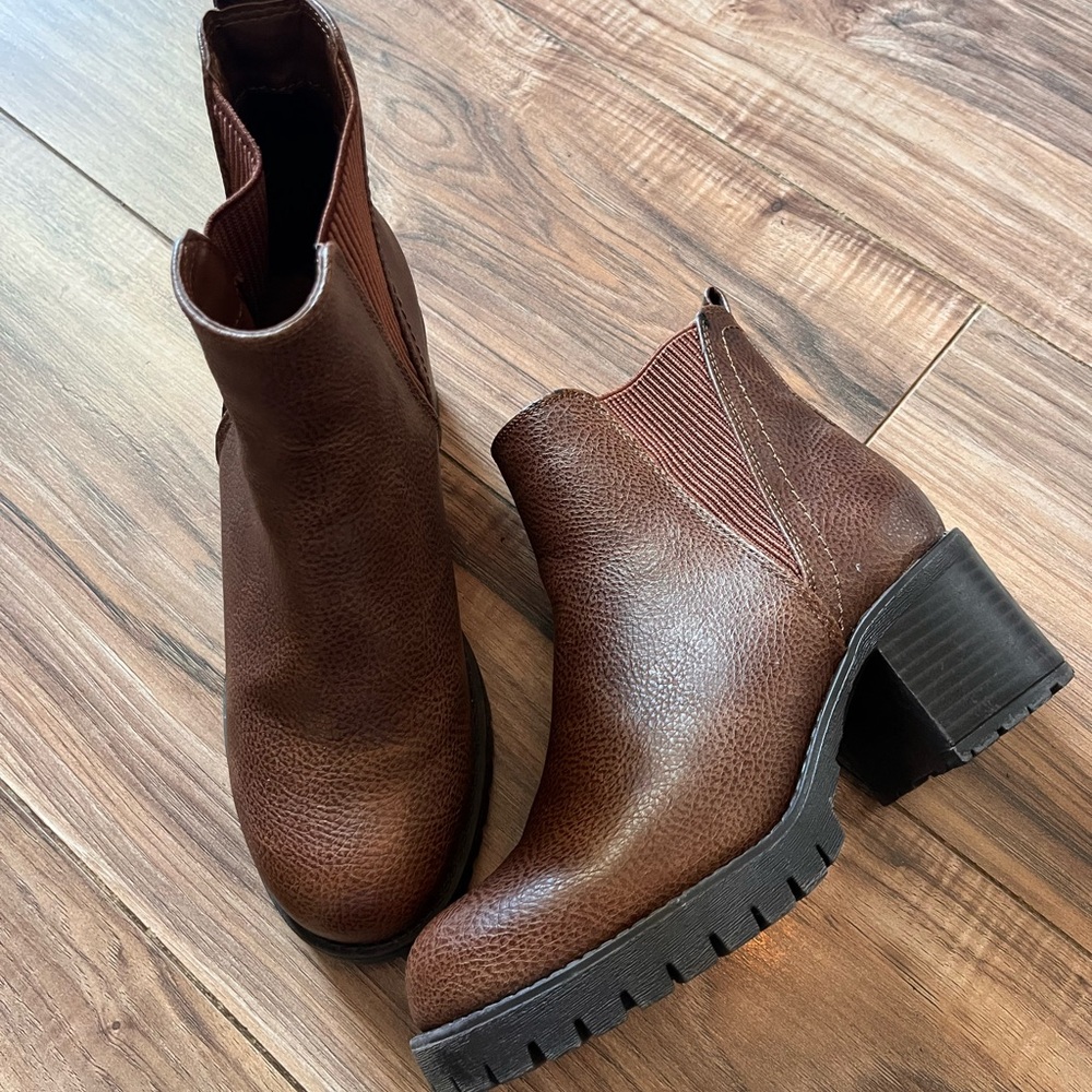 MIA Brown Chelsea Lug Sole Block Heel Booties